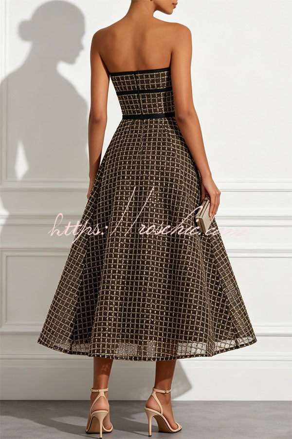Sequin & Plaid Patchwork Strapless Midi Dress