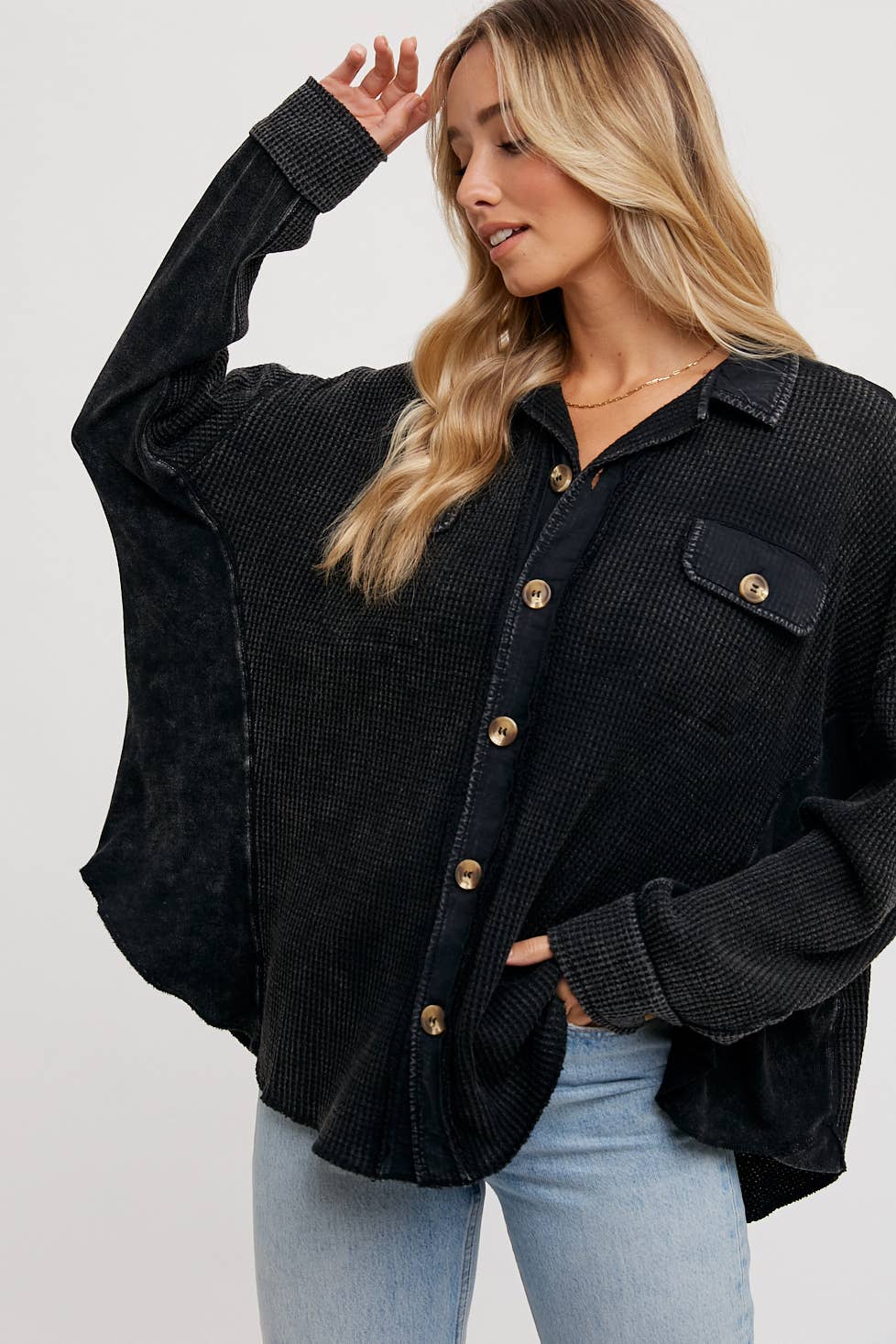 Women's Waffle Knit Shacket Batwing Sleeve Loose Fall Jacket Back to School