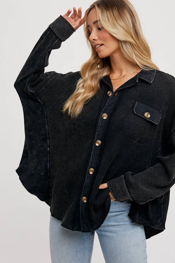 Women's Waffle Knit Shacket Batwing Sleeve Loose Fall Jacket Back to School
