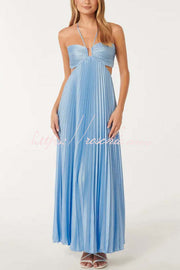 Satin Pleated Maxi Dress with Cross Halter Cutout
