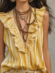 Bohemian Ruffle Trim Blouse with Draped Silhouette