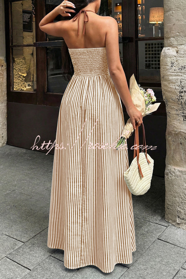 Striped V-Neck Sleeveless Backless Maxi Dress – Vacation