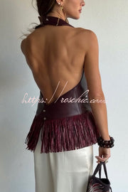 Faux Leather Halter Neck Sleeveless Top with Tassel Detail
