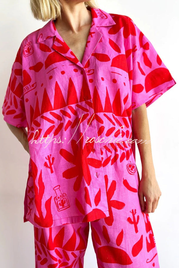 Linen Printed Shirt and Elastic Waist Pants Set