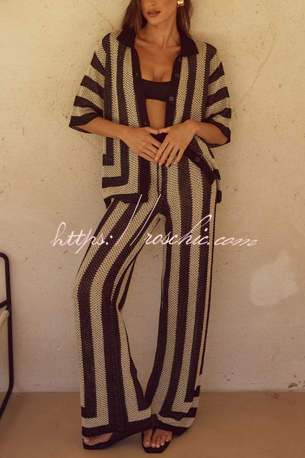 Knit Collared Short-Sleeve Top & Elastic Waist Pants Set