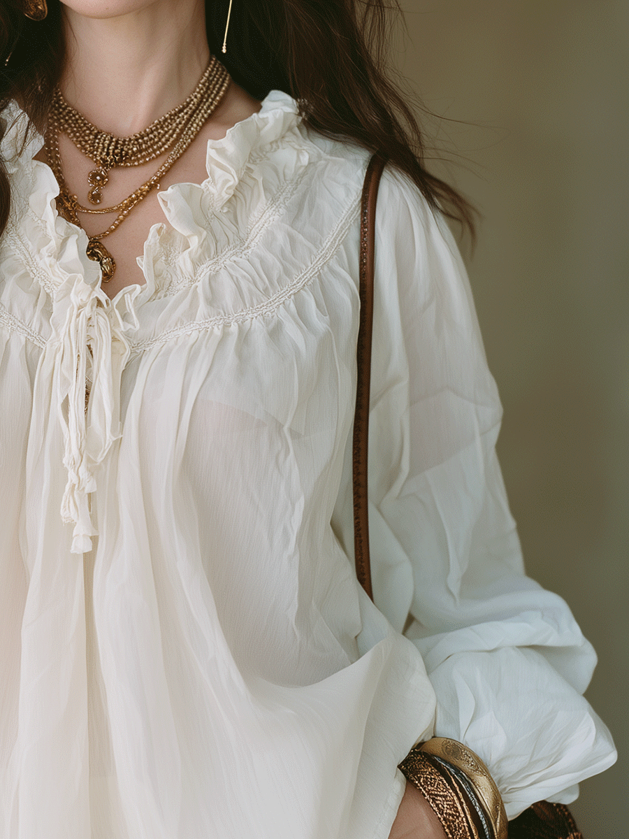 Ivory White Ruffle Trim Bohemian Long Sleeve Blouse