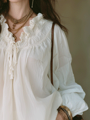 Ivory White Ruffle Trim Bohemian Long Sleeve Blouse