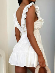 Women's Plain Ruffled Deep V Neck Dress, Casual Breathable Dress for Summer, Women's Clothes for Daily Wear, Womenswear