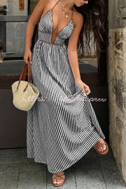 Robe longue rayée, col en V, sans manches, dos nu – Vacances