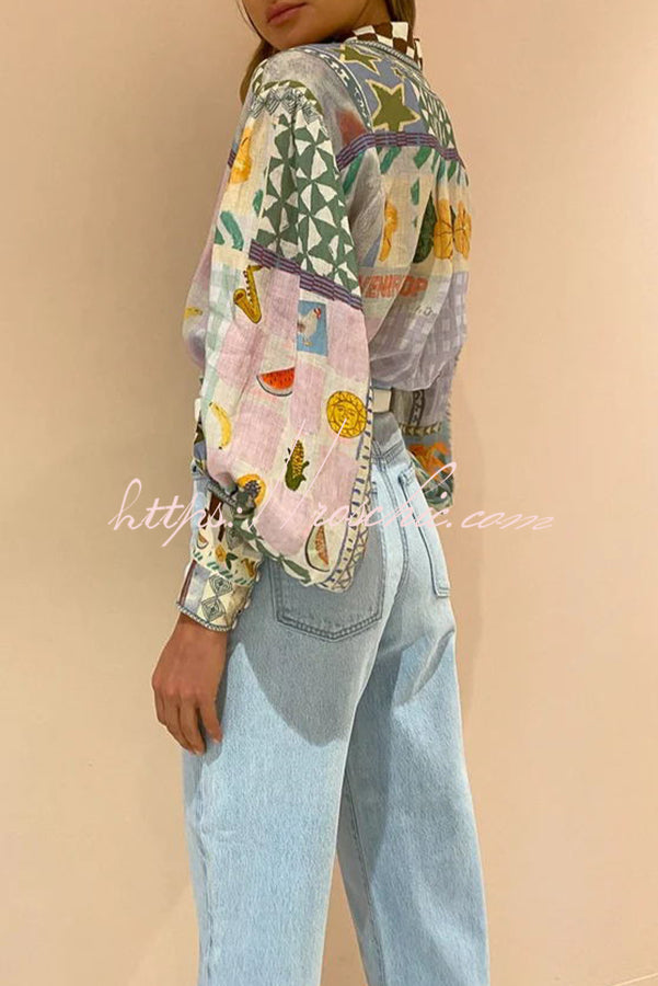 Printed Balloon Sleeve Loose Button Shirt | Vacation Top