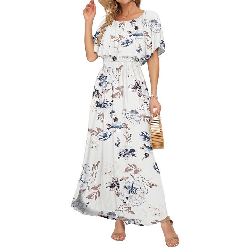 [Restocked] AUSELILY Women's Plus Size Off The Shoulder Dress Wedding Guest Dress Summer Casual Long Ruffle Party Side Split Beach Maxi Dresses with Pockets