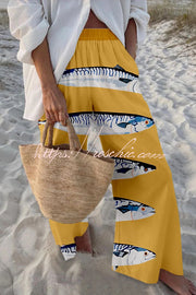 Marine Print Elastic Waist Loose Pants with Pockets