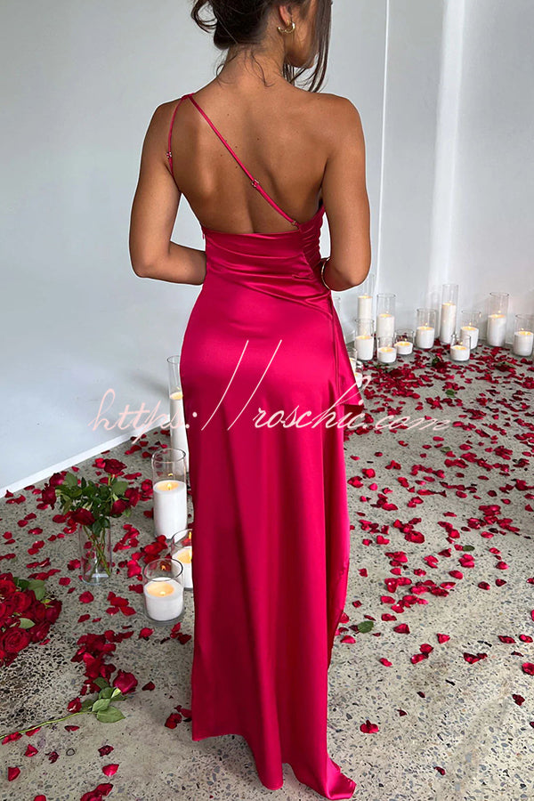 Satin One Shoulder Maxi Dress with Thigh-High Slit