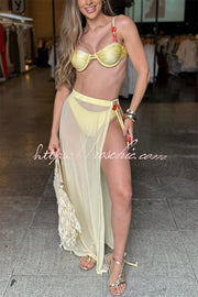 Colored Stone Detail Elastic Bikini & Tulle Lace-Up Maxi Skirt Set