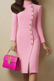 Slim Fit Midi Dress with Stand Collar & Metal Buttons