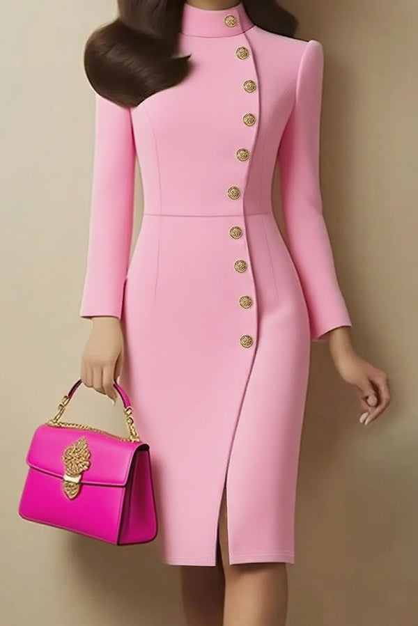 Robe midi coupe slim avec col montant et boutons en métal