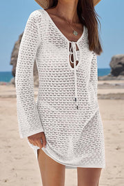 Knit Hollow V-Neck Long Sleeve Mini Cover Up Dress
