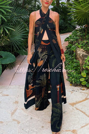 Printed Halter Two-Piece Set – Wide-Leg Pants & Tank Top