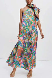 Satin One-Shoulder Maxi Dress – Rainbow Print Loose Fit