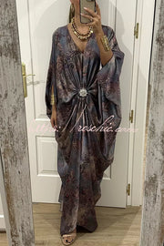 Satin Gemstone Embellished Maxi Dress with V-Neck Print