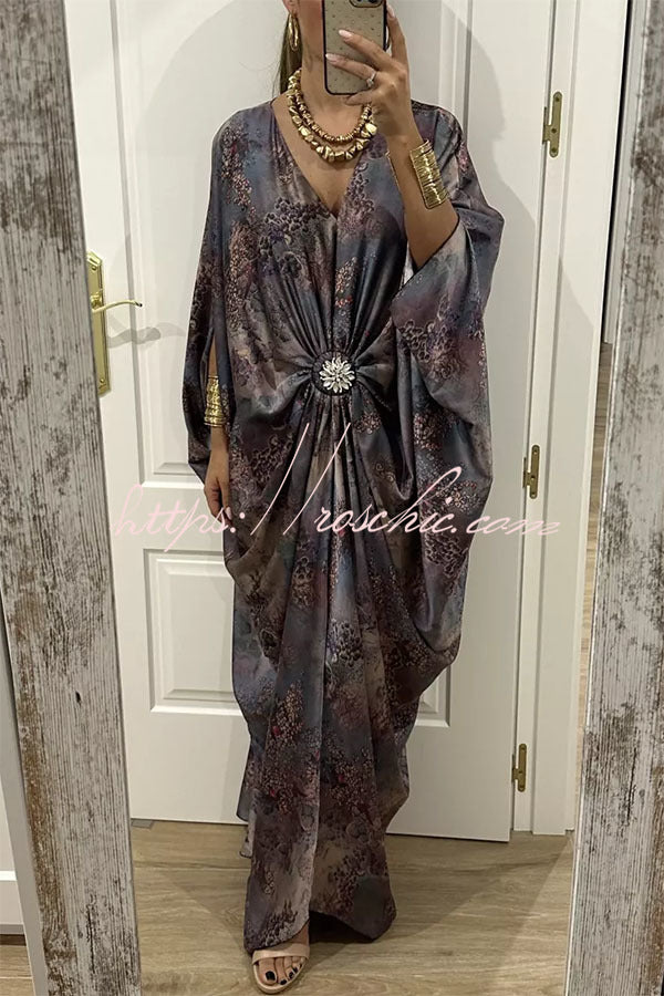 Satin Gemstone Embellished Maxi Dress with V-Neck Print