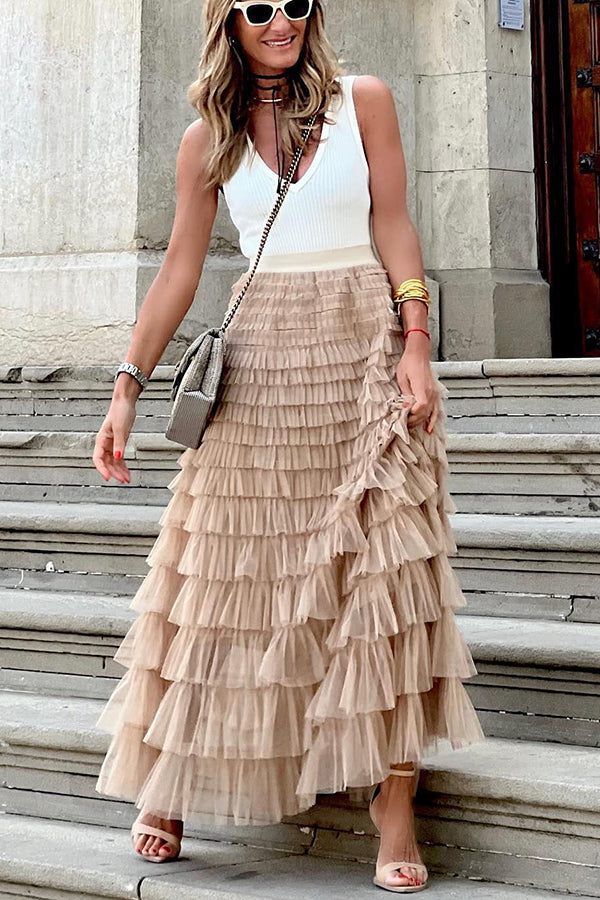 Tiered Tulle Maxi Skirt with Elastic Waist | Casual Party