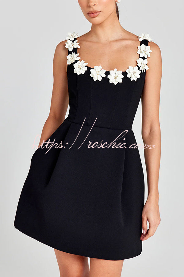 Faux Pearl Flower Applique Square Neck Mini Dress with Pockets