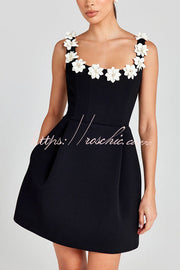 Faux Pearl Flower Applique Square Neck Mini Dress with Pockets