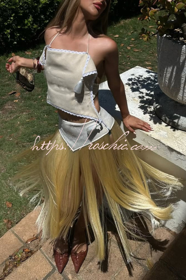 Halter Neck Lace-Up Backless Crop Top with Tassel Detail