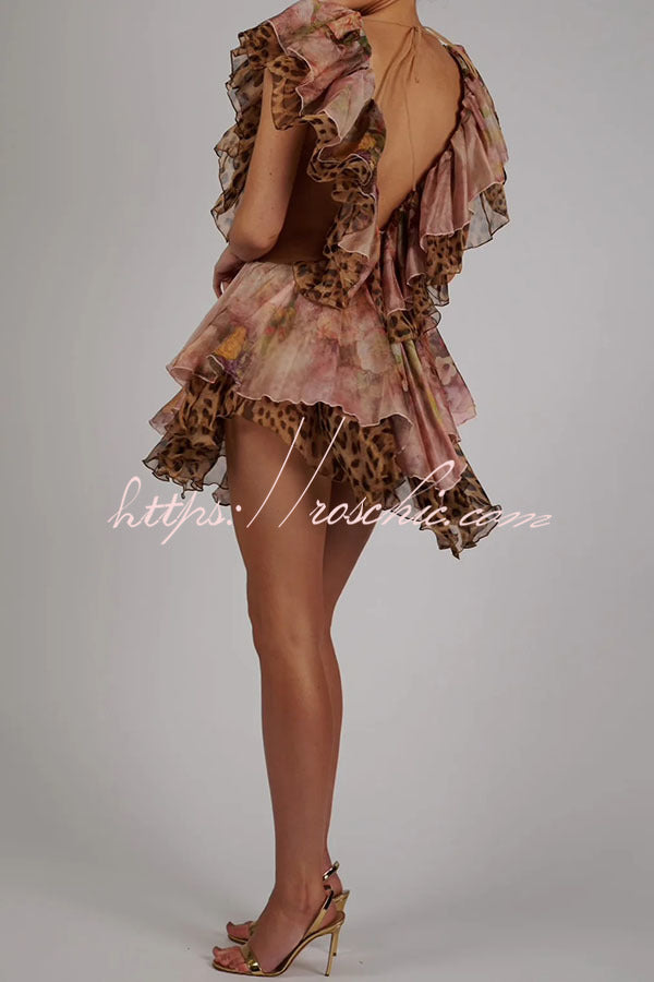 Floral Leopard Print Cutout Waist Tiered Ruffle Mini Dress