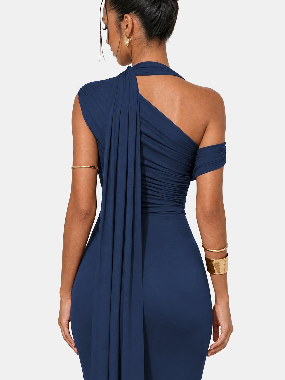 One Shoulder Formal Evening Gown with Built-In Bra, Ruched Mesh