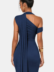 One Shoulder Formal Evening Gown with Built-In Bra, Ruched Mesh