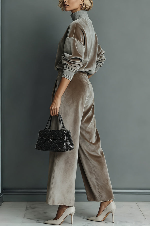 Velvet Turtleneck Top & Wide-Leg Pants Set – Loose Fit