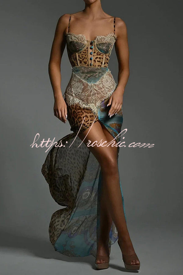 Chiffon Leopard Print Maxi Dress with High Slit