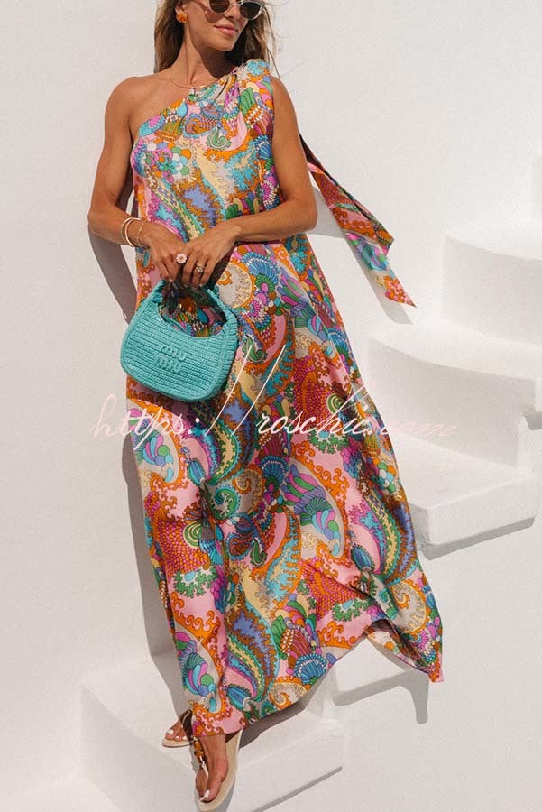 Satin One-Shoulder Maxi Dress – Rainbow Print Loose Fit
