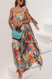Satin One-Shoulder Maxi Dress – Rainbow Print Loose Fit