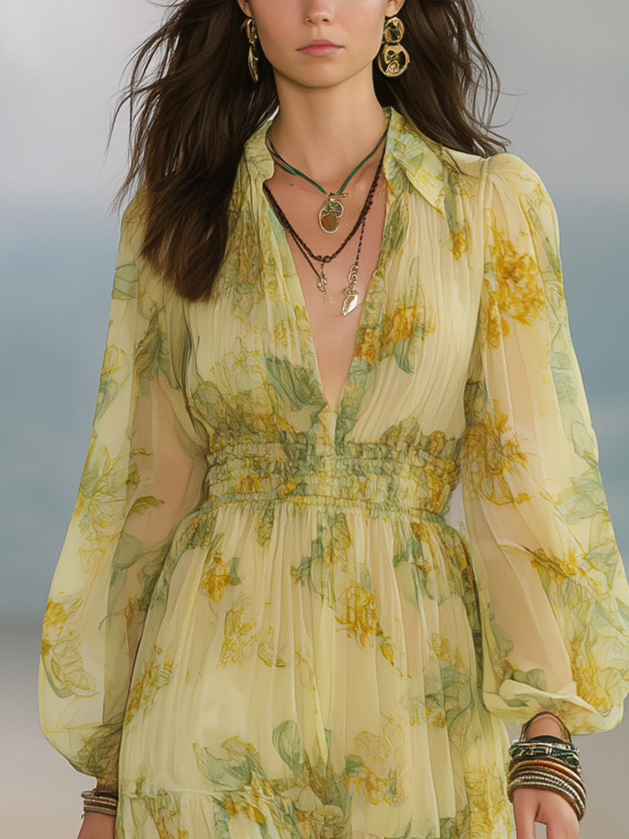 Lemon Yellow Chiffon Long Sleeve Maxi Dress – Boho Flowy