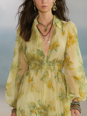 Lemon Yellow Chiffon Long Sleeve Maxi Dress – Boho Flowy