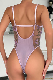 Butterfly Embroidered Sheer Mesh Bodysuit with Tie Waist