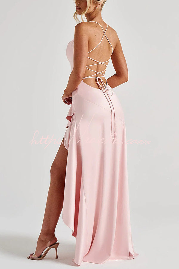 Backless Lace-Up Ruffle Maxi Dress – Spaghetti Strap
