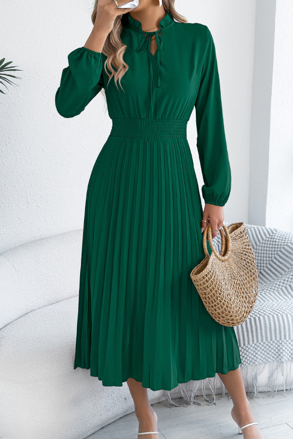 Women's Long Sleeve Pleated Midi Dress – Fitted Waist