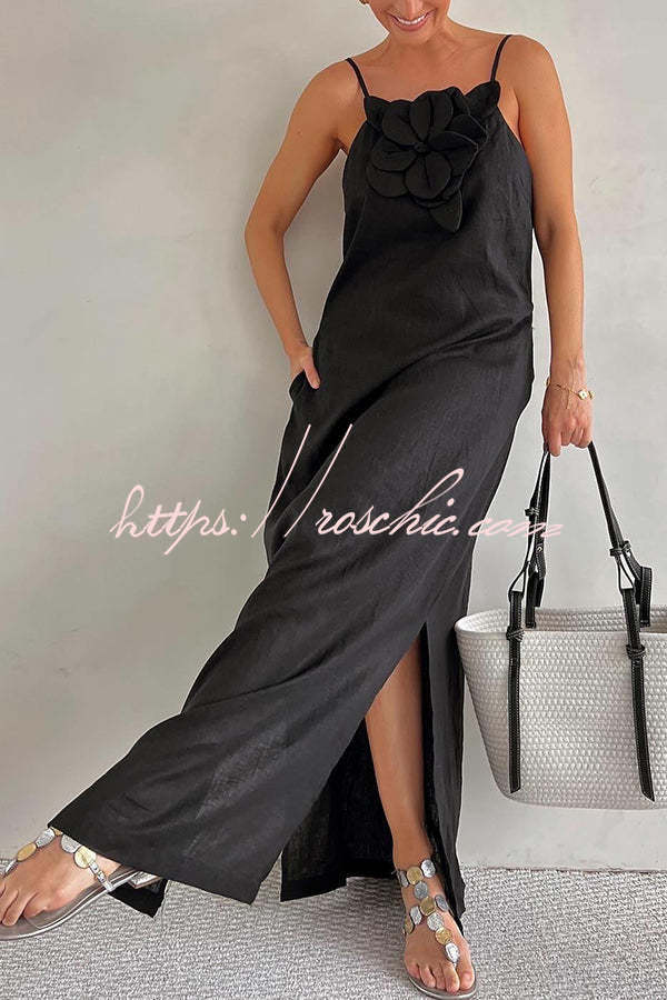 Linen Blend Floral Embellishment Maxi Dress with Pockets
