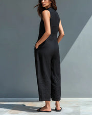 Vintage Sleeveless Wide-Leg Jumpsuit – Relaxed Stand Collar
