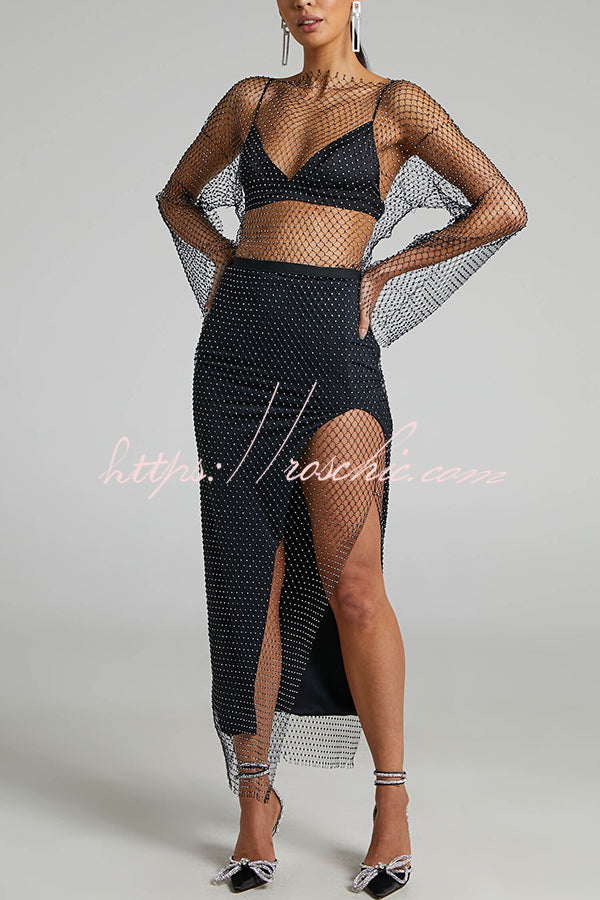 Diamond Mesh Bell Sleeve Top with Boat Neck