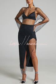 Diamond Mesh Bell Sleeve Top with Boat Neck