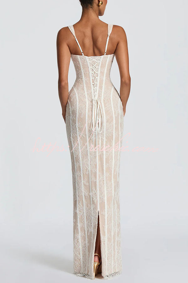 Floral Lace Square Neck Lace-Up Slit Maxi Dress