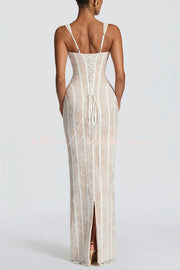 Floral Lace Square Neck Lace-Up Slit Maxi Dress