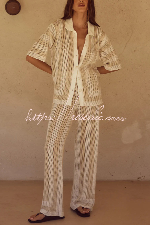 Knit Collared Short-Sleeve Top & Elastic Waist Pants Set