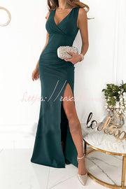 V-Neck Ruched Slit Maxi Dress for Parties