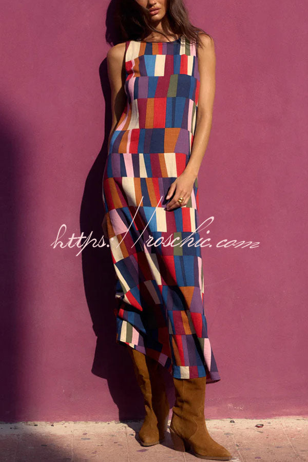 Linen Blend Color Block Sleeveless Maxi Dress